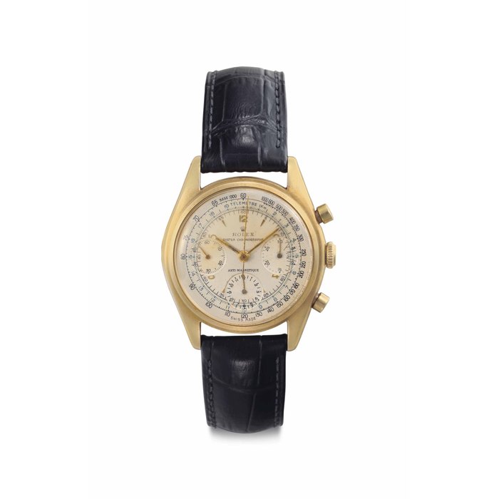 Rolex. A Rare 18k Gold Chronograph Wristwatch Signed Rolex, Oyster Chronograph, Anti-Magnetic, Ref. 4537, Case No. 470'748, Circa 1945