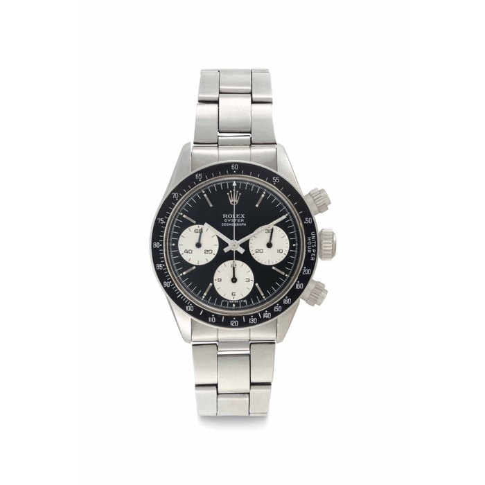 Rolex. A Fine and Rare Stainless Steel Chronograph Wristwatch with Bracelet and Black Sigma Dial Signed Rolex, Oyster Cosmograph, Ref. 6263, Case No. 3'031'309, Circa 1971