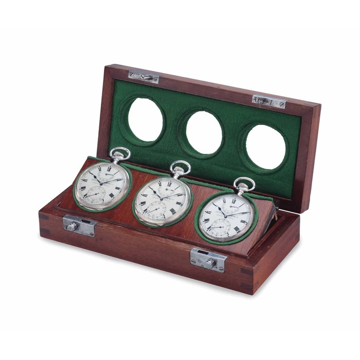 Patek Philippe & Cie. An Exceptionally Rare and Possibly Unique Set of Three Torpedo-Boat Navigator’s Trio Silver Openface Pocket Watches with Power Reserve and Original Fitted Box, Sold to the US Navy on 8 December, 1917 and used on US Zeppelin (Airship) Los Angeles (ZR-3) Signed Patek Philippe & Cie., Movement No.’s 170’414, 170’416, 170'417, Case No.’s 274’699, 274’701, 274’693, Manufactured in 1912