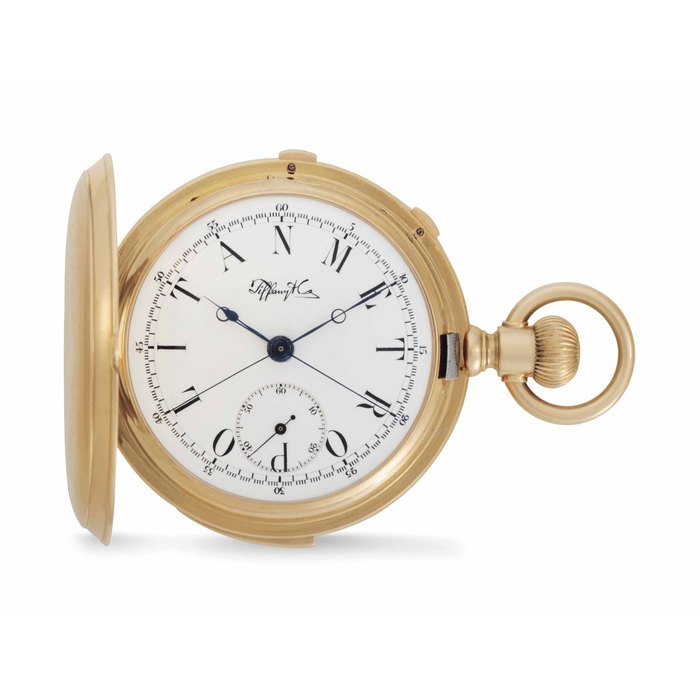 Patek Philippe. A Very Fine and Rare 18k Pink Gold Minute Repeating Split Seconds Chronograph Hunter Case Pocket Watch Signed Patek Philippe, Retailed by Tiffany & Co., Movement No. 97'107, Case No. 90'204, Manufactured in 1893