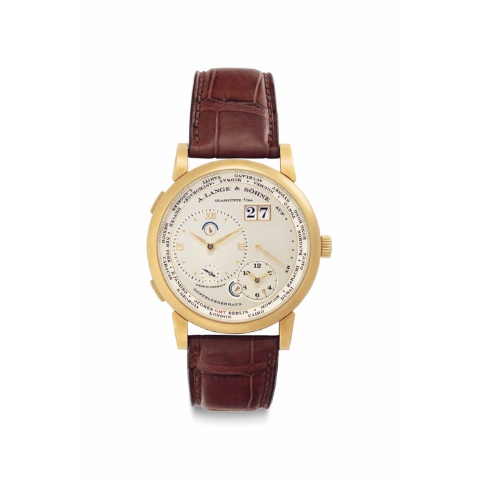 A. Lange & Söhne. A Very Fine and Rare 18k Gold Two Time Zone World Time Wristwatch with Oversized Date, Day and Night Indication and Power Reserve Signed A. Lange & Söhne, Glashütte i/SA, Lange 1 Time Zone Model, Ref. 116.032, Movement No. 55'549, Case No. 167'500, Circa 2005