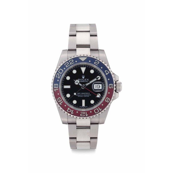 Rolex. A Fine 18k White Gold Automatic Triple Time Wristwatch with Centre Seconds, Date and Bracelet Signed Rolex, Oyster Perpetual Date, GMT-Master II, Ref. 116719BLRO, Case No. 33'691'7G3, Circa 2016