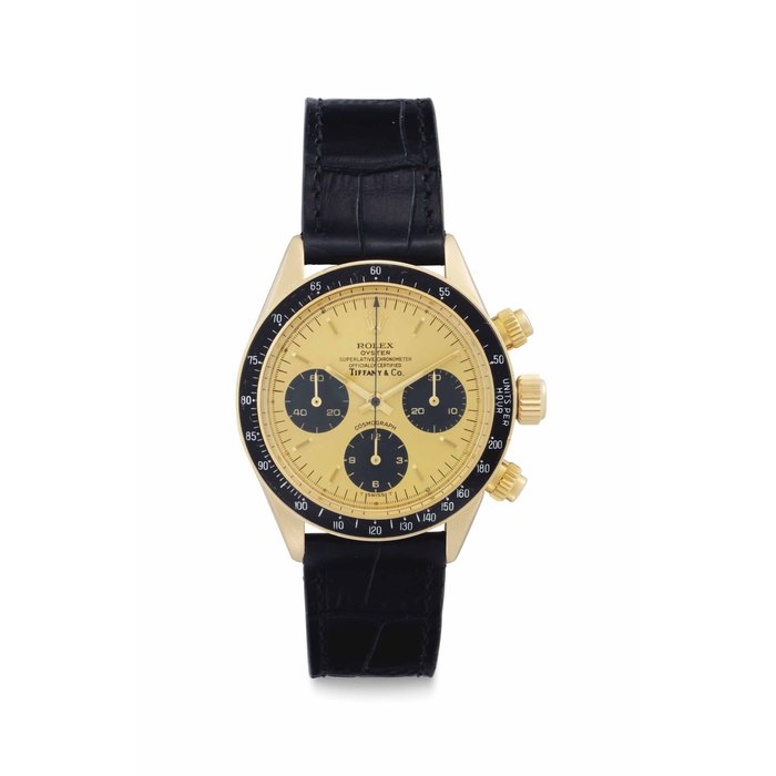 Rolex. A Very Fine and Rare 14k Gold Chronograph Wristwatch Signed Rolex, Retailed by Tiffany & Co., Oyster, Cosmograph, Ref. 6263, Case No. 5'035'146, Circa 1977