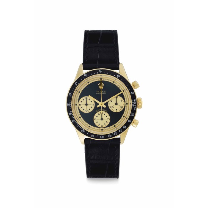 Rolex. An Extremely Fine and Very Rare 14k Gold Chronograph Wristwatch with Black “John Player Special Paul Newman" Dial Signed Rolex, Cosmograph, Daytona, John Player Special Paul Newman Model, Ref. 6241, Case No. 2'084'276, Circa 1968