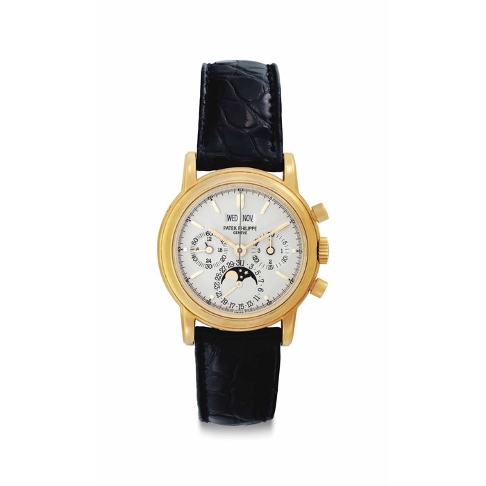 Patek Philippe. An 18k Gold Perpetual Calendar Chronograph Wristwatch with Moon Phases Signed Patek Philippe, Genève, Ref. 3970EJ, Movement No. 3'045'082, Case No. 2'945'289, Manufactured in 1994