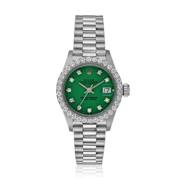 ROLEX, LADIES DATEJUST WITH DIAMOND BEZEL AND GREEN LACQUERED DIAL, REF. 6917