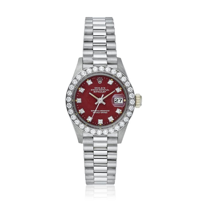ROLEX, LADIES DATEJUST WITH DIAMOND BEZEL AND OXBLOOD LACQUERED DIAL, REF. 6913