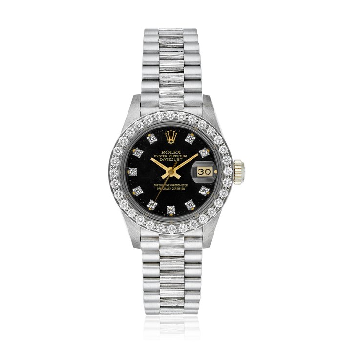 ROLEX, LADIES DATEJUST WITH DIAMOND BEZEL AND BLACK LACQUERED DIAL, REF. 6913