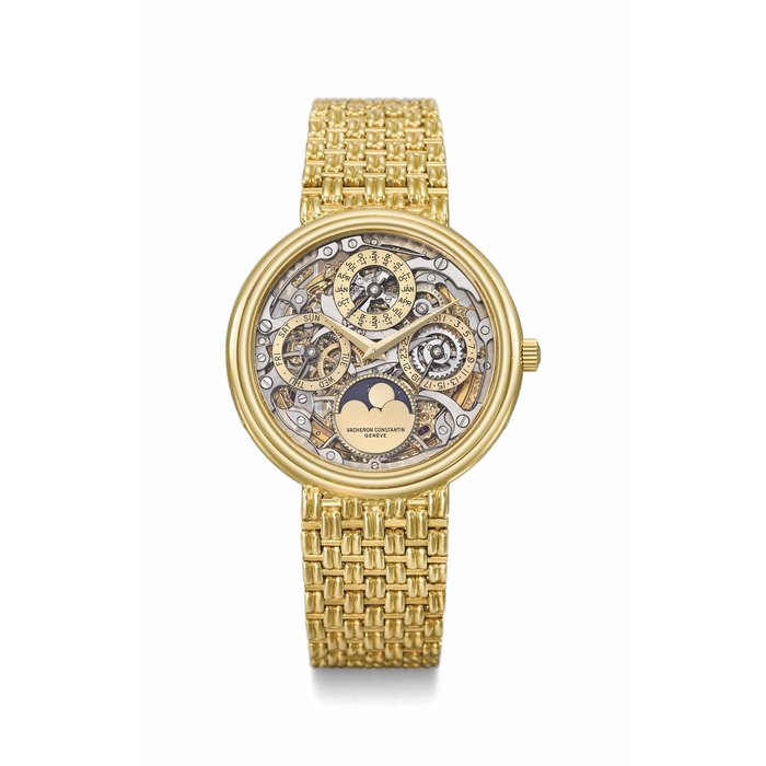 Vacheron Constantin. A very fine and rare 18K gold automatic perpetual calendar skeletonized wristwatch with moon phases and integral 18K gold bracelet, original certificate and box Signed Vacheron Constantin, Genève, Quantième Perpétuel Squelette model, ref. 43032 SQ/236, movement no. 739'835, case no. 573'919, manufactured in 1986