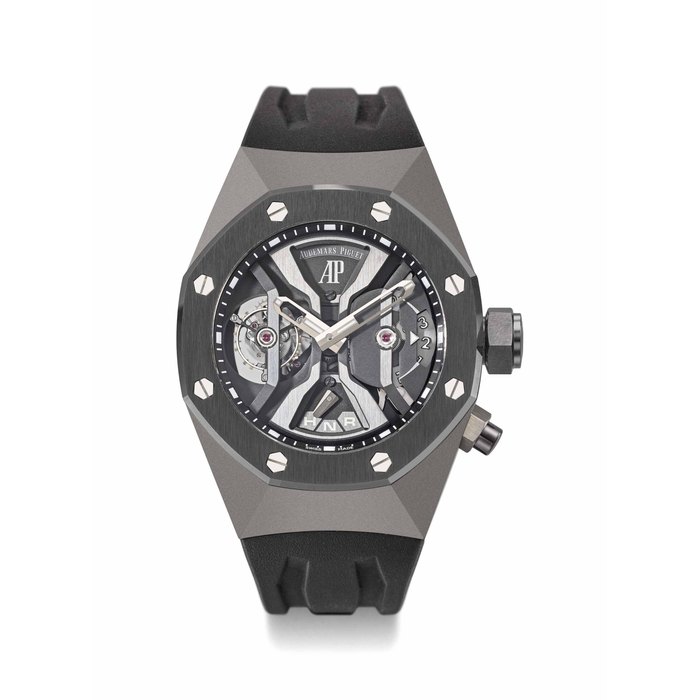 Audemars Piguet. A rare and impressive titanium tourbillon dual-time skeletonized wristwatch with black ceramic bezel and box Signed Audemars Piguet, Royal Oak Concept GMT Tourbillon, No. 205, Ref. 2’656’0IO, Case No. I 73788, Manufactured in 2015
