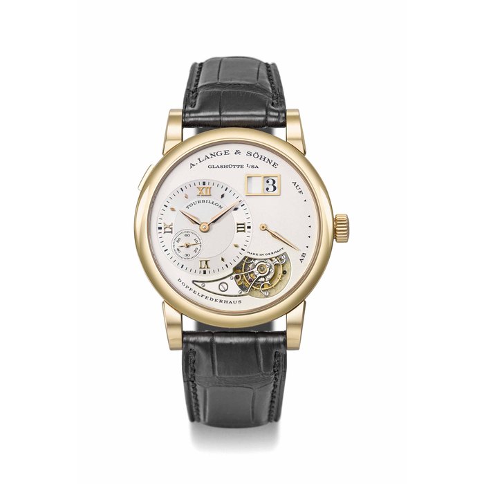 A. LANGE & SÖHNE. A VERY FINE 18K PINK GOLD LIMITED EDITION TWIN BARREL ONE MINUTE TOURBILLON WRISTWATCH WITH OVERSIZED DATE AND POWER RESERVE SIGNED A. LANGE & SÖHNE, GLASHÜTTE I/SA, LANGE 1 TOURBILLON MODEL, NO. 175/250, REF. 704.032, MOVEMENT NO. 16332, CASE NO. 129175, CIRCA 2002