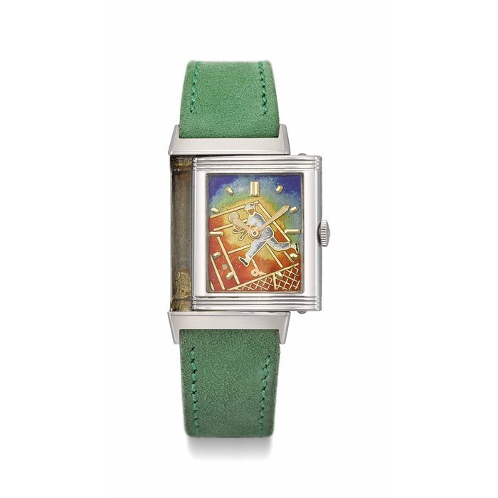 Jaeger-Lecoultre Jaeger-LeCoultre. A fine, rare and very attractive stainless steel “Staybrite” reversible wristwatch with cloisonné enamel dial, made for the 1952 Roland Garros Tennis Tournament Signed Jaeger-LeCoultre, Reverso model, case no. 467193, circa 1952