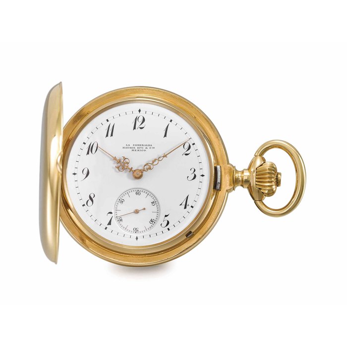 Girard-Perregaux. A very fine and rare 18K pink gold hunter case three golden bridge keyless lever chronometer watch with Neuchatel Observatory 1st class Bulletin de Marche, original box, additional dial and hands Signed Girard-Perregaux, retailed by La Esmeralda Hauser Zivy & Cie, Mexico, no. 235996, circa 1898