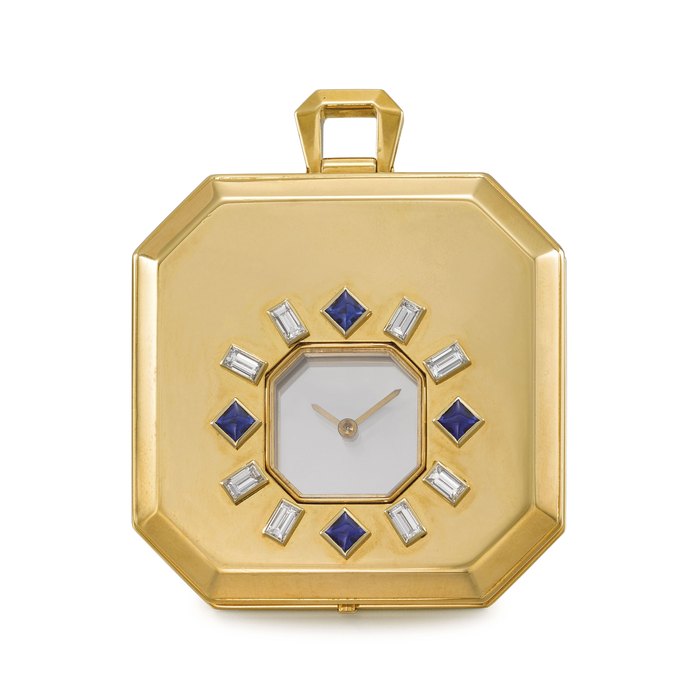 Cartier. A very fine and elegant 18K gold, diamond and sapphire-set mystery keyless lever watch with original box Signed Cartier, case no. 656'203, circa 1989