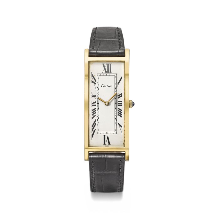 Cartier. A very fine and rare 18K gold-plated rectangular wristwatch Signed Cartier, Tank Allongée, No. 21612, 2412, 271, Circa 1960
