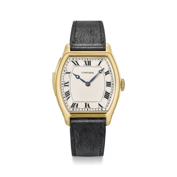 Cartier. An exceptionally rare, large and fine 18K gold tonneau-shaped minute repeating wristwatch Signed Cartier, “Montre Tortue Or”, case signed European Watch and Clock Co. Inc. France, no. 22’302, movement no. 40'736, circa 1929