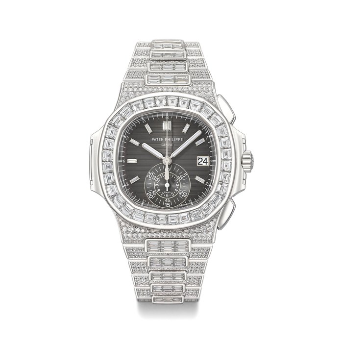 Patek Philippe. An exceptional, very rare and magnificent 18K white gold and diamond-set automatic chronograph wristwatch with date, degradé black dial, bracelet, original certificate and box Signed Patek Philippe, Genève, Ref. 5980/1400G-010, Circa 2017