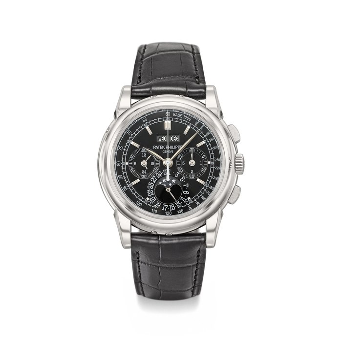 Patek Philippe. A very fine and rare platinum perpetual calendar chronograph wristwatch with moon phases, 24 hours indication, black dial, additional case back, setting pin, sales tag, original certificate and box Signed Patek Philippe, Genève, Ref. 5970P-001, Movement No. 3’932’114, Case No. 4’519’722, Circa 2010