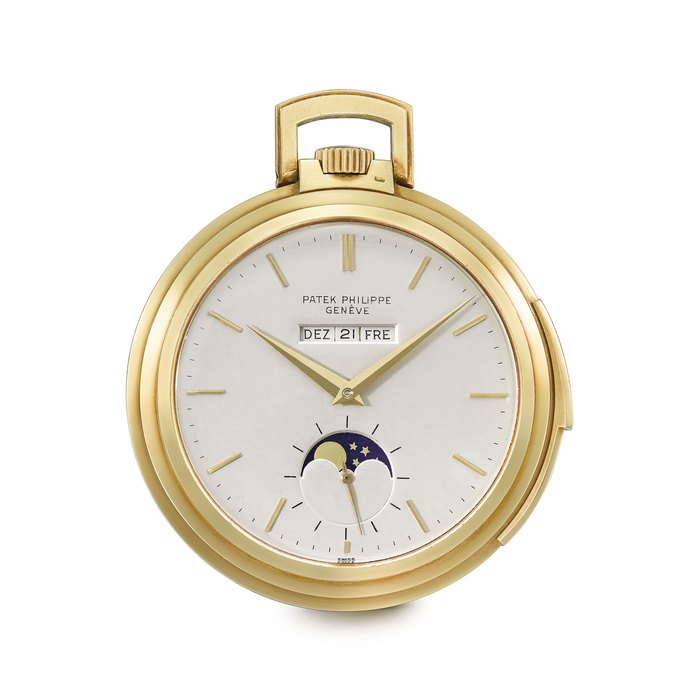 Patek Philippe. A very fine and very rare 18K gold openface minute repeating keyless lever watch with linear or "American" perpetual calendar and moon phases Signed Patek Philippe, Genève, ref. 844, movement no. 198’401, case no. 316’543, the movement manufactured in 1930, completed, cased and sold in 1969