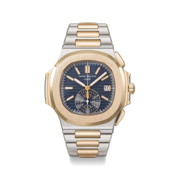 Patek Philippe. A very fine, rare and attractive stainless steel and 18K pink gold automatic chronograph wristwatch with date, bracelet, setting pin, sale tag, Original Certificate and box Signed Patek Philippe, Genève, Nautilus model, Ref. 5980/1AR, Movement No. 5’714’495, Case No. 6’006’776, Circa 2013