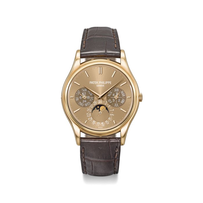 Patek Philippe. A very fine 18K pink gold automatic perpetual calendar wristwatch with moon phases, 24 hour, leap year indication, brown sunburst dial, additional solid case back, setting pin, sale tag, original certificate and box Signed Patek Philippe, Genève, ref. 5140R-001, movement no. 5’614’847, case no. 4’753’493, circa 2010