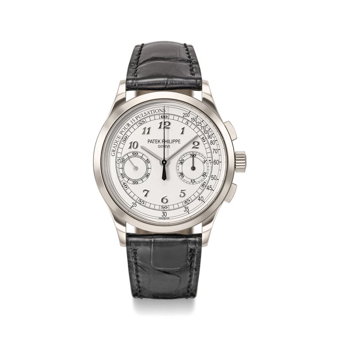 Patek Philippe. A very fine and rare 18K white gold chronograph wristwatch with Breguet numerals, pulsation scale, original certificate and box Signed Patek Philippe, Genève, Ref. 5170G-001, Movement No. 5’764’216, 4’638’489, Circa 2013