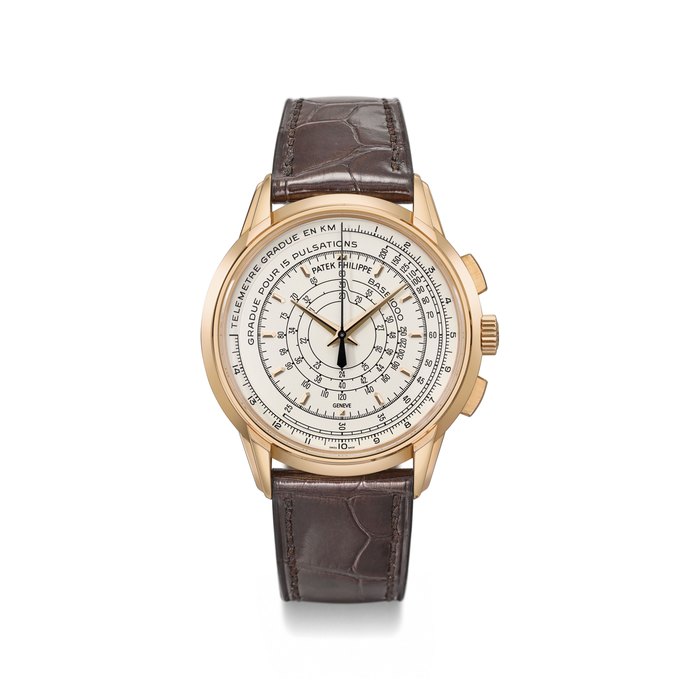 Patek Philippe. A fine and rare 18K pink gold limited edition automatic multi-scale chronograph wristwatch with original certificate, attestation, commemorative medal, sale tag and box, made to commemorate the 175th anniversary of Patek Philippe in 2014 Signed Patek Philippe, Genève, ref. 5975R, movement no. 5’878’041, case no. 6’028’342, manufactured in 2014