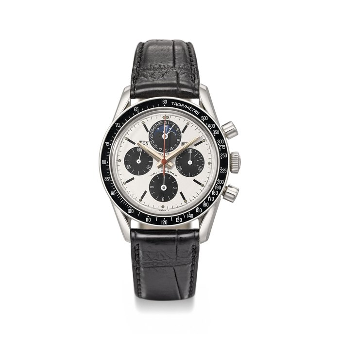 UNIVERSAL GENEVE. A FINE AND RARE STAINLESS STEEL CHRONOGRAPH WRISTWATCH WITH MOON PHASE AND DATE SIGNED UNIVERSAL GENEVE, TRI-COMPAX, ERIC CLAPTON MODEL, REF 881.101/01, CASE NO. 2’437’754, MANUFACTURED IN 1966