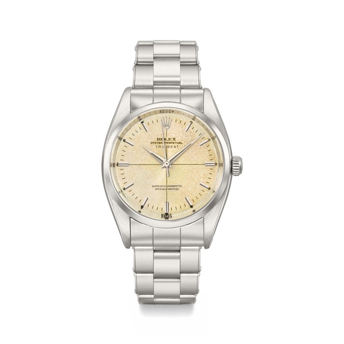 Rolex. A rare stainless steel automatic wristwatch with dead-beat jump centre seconds and bracelet Signed Rolex, Oyster Perpetual, Tru-Beat, Ref. 6556, Case No. 138'822, Circa 1956
