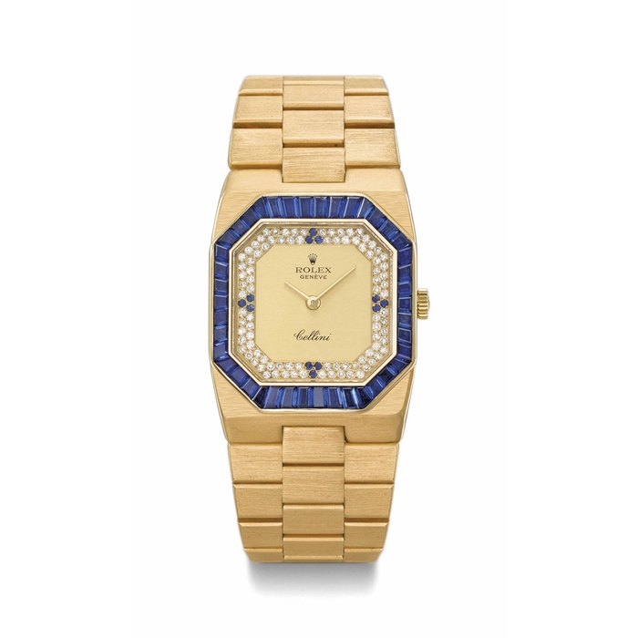 Rolex. A rare and very elegant 18K gold sapphire and diamond-set rectangular wristwatch with diamond and sapphire-set dial and 18K gold bracelet, made for the Sultanate of Oman Signed Rolex, Genève, Cellini model, ref. 5083, case no. 6'943'964, circa 1975