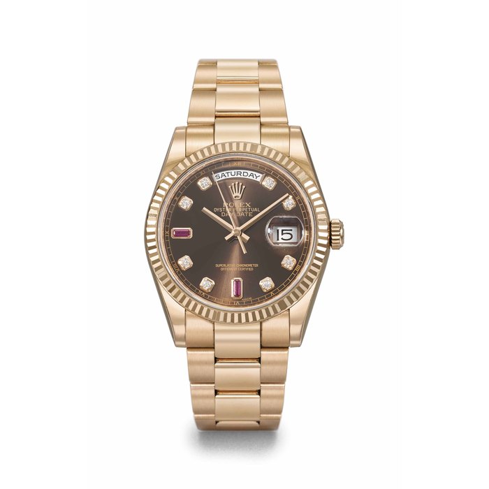 Rolex. A very fine and attractive 18K pink gold diamond and ruby-set automatic wristwatch with day, date, sweep centre seconds, original guarantee and box Signed Rolex, Oyster Perpetual, Day-Date, Ref. 118235, Case No. 554260J9, Circa 2013