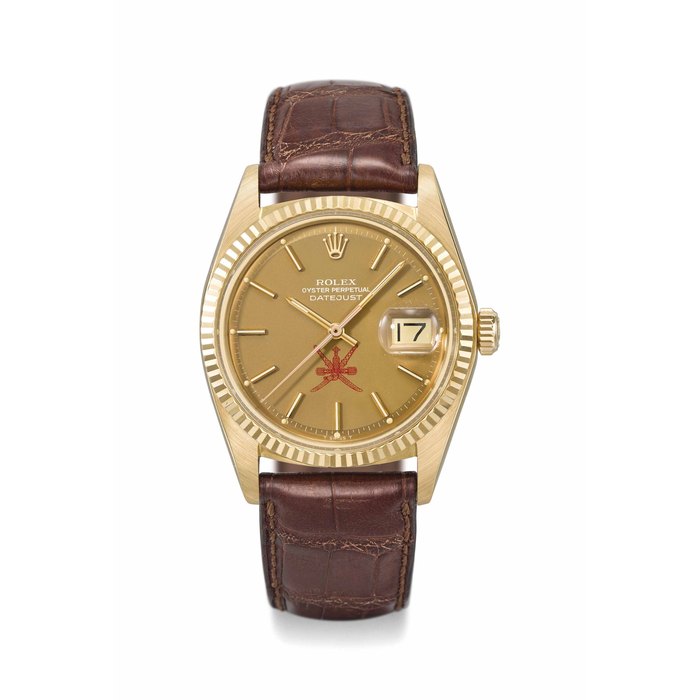 Rolex. A very fine, rare and attractive 18K gold automatic wristwatch with sweep centre seconds, date and bronze-coloured dial, made for the Sultanate of Oman Signed Rolex, Oyster Perpetual, Datejust, Ref. 1601, Case No. 3’295’628, circa 1973