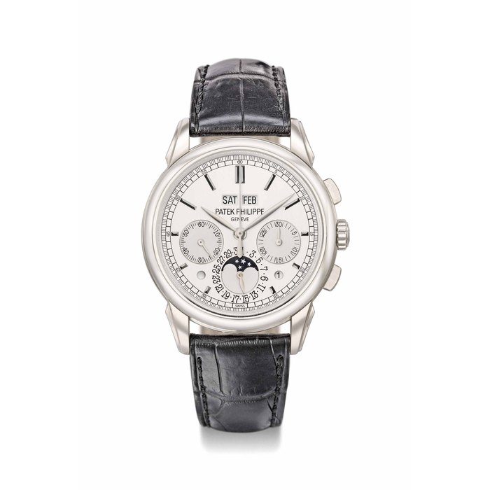Patek Philippe. A very fine 18K white gold perpetual calendar chronograph wristwatch with moon phases, leap year and day and night indication, additional solid case back, original certificate and box, factory sealed Signed Patek Philippe, Genève, ref. 5270G-013, movement no. 5'762'310, case no. 4'680'549, circa 2013