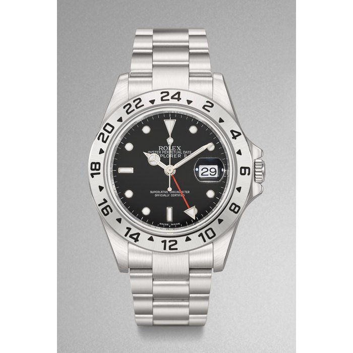 Rolex ROLEX. A VERY FINE STAINLESS STEEL AUTOMATIC DUAL TIME WRISTWATCH WITH SWEEP CENTRE SECONDS, DATE, 24 HOUR HAND, BRACELET, ORIGINAL GUARANTEE AND BOX SIGNED ROLEX OYSTER PERPETUAL DATE, EXPLORER II, REF. 16570, CASE NO. 2MC18319, CIRCA 2011 · 16570