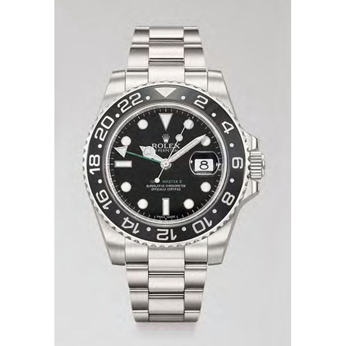 ROLEX. A STAINLESS STEEL AUTOMATIC DUAL TIME WRISTWATCH WITH SWEEP CENTRE SECONDS, DATE, BRACELET, ORIGINAL GUARANTEE AND BOX SIGNED ROLEX, OYSTER PERPETUAL DATE, GMT-MASTER II, REF. 116710, CASE NO. A18942A9, CIRCA 2011