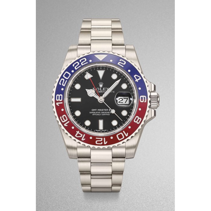 ROLEX. A VERY FINE 18K WHITE GOLD DUAL TIME WRISTWATCH WITH SWEEP CENTRE SECONDS, DATE, BRACELET, ORIGINAL GUARANTEE AND BOX SIGNED ROLEX, OYSTER PERPETUAL DATE, GMT-MASTER II, REF.116719BLRO, CASE NO. 841X92M4, CIRCA 2014