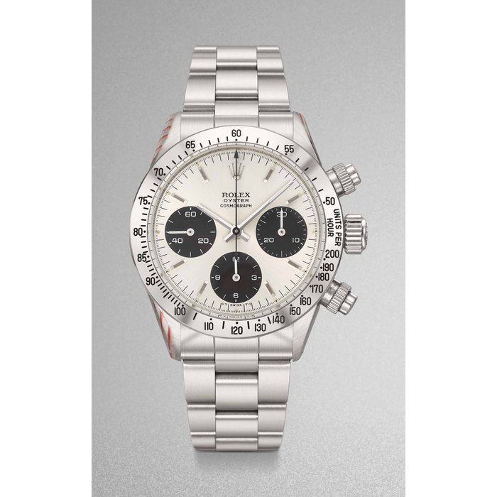 Rolex. A very fine and highly attractive stainless steel chronograph wristwatch with sigma dial, additional bracelet, Bulletin de Marche, Service Guarantie and box Signed Rolex, Oyster Cosmograph, Ref. 6265, Case No. 2’805’203, Circa 1971