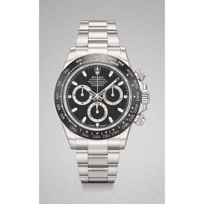 ROLEX. A VERY FINE STAINLESS STEEL AUTOMATIC CHRONOGRAPH WRISTWATCH WITH CERAMIC BEZEL, BRACELET, ORIGINAL GUARANTEE AND BOX SIGNED ROLEX, OYSTER PERPETUAL, CHRONOGRAPH, DAYTONA, REF. 116500LN, CASE NO. 33G99833, CIRCA 2016