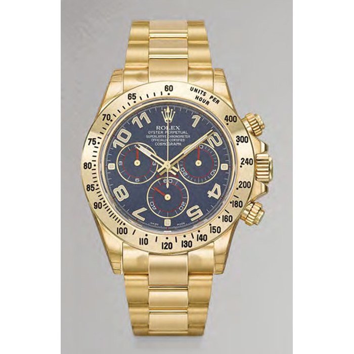 Rolex ROLEX. A FINE AND IMPRESSIVE 18K GOLD AUTOMATIC CHRONOGRAPH WRISTWATCH WITH BRACELET, ORIGINAL GUARANTEE AND BOX SIGNED ROLEX, OYSTER PERPETUAL, COSMOGRAPH, DAYTONA, REF. 116528, CASE NO. 7Q0791C7, CIRCA 2014 · 116528
