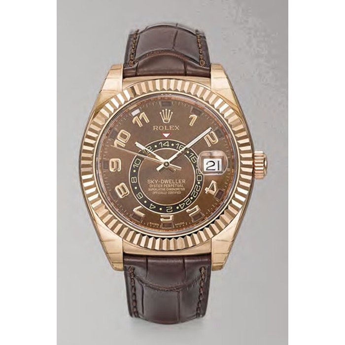 ROLEX. A VERY FINE 18K PINK GOLD “EVEROSE” AUTOMATIC DUAL TIME ANNUAL CALENDAR WRISTWATCH WITH SWEEP CENTRE SECONDS, ORIGINAL GUARANTEE AND BOX SIGNED ROLEX, OYSTER PERPETUAL, SKY-DWELLER, REF. 326135, CASE NO. J519M853, CIRCA 2015