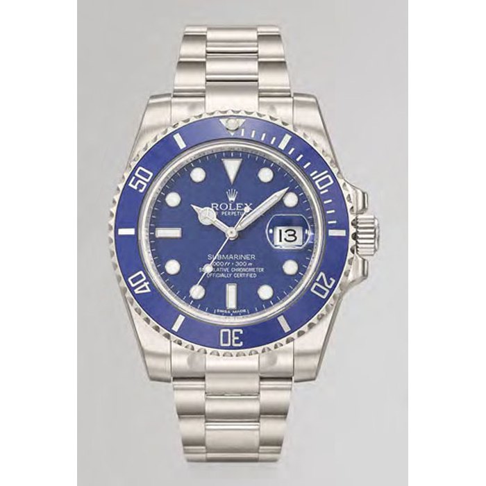Rolex. An 18K white gold automatic wristwatch with sweep centre seconds, date, blue dial, blue Cerachrom bezel and bracelet, original guarantee and box Signed Rolex, Oyster Perpetual, Submariner, 1000ft=300m, ref. 116619LB, case no. K5M59293, circa 2014