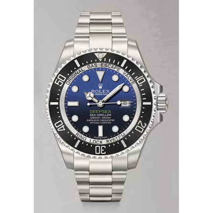 ROLEX. A LARGE STAINLESS STEEL AUTOMATIC WRISTWATCH WITH SWEEP CENTRE SECONDS, DATE, HELIUM GAS ESCAPE VALVE, BRACELET, GRADIENT TWO-COLOUR BLUE AND BLACK DIAL, ORIGINAL GUARANTEE AND BOX SIGNED ROLEX, OYSTER PERPETUAL DATE, DEEPSEA, SEA-DWELLER, D-BLUE MODEL, 12800ft = 3900m, REF. 116660, CASE NO. 640622N4, CIRCA 2014