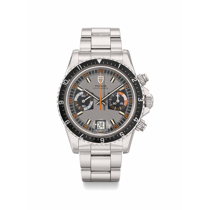 TUDOR. A RARE STAINLESS STEEL CHRONOGRAPH WRISTWATCH WITH DATE, BRACELET AND BOX SIGNED TUDOR, OYSTERDATE, MONTE CARLO MODEL, REF. 7169/0, CASE NO. 844’396, CIRCA 1974
