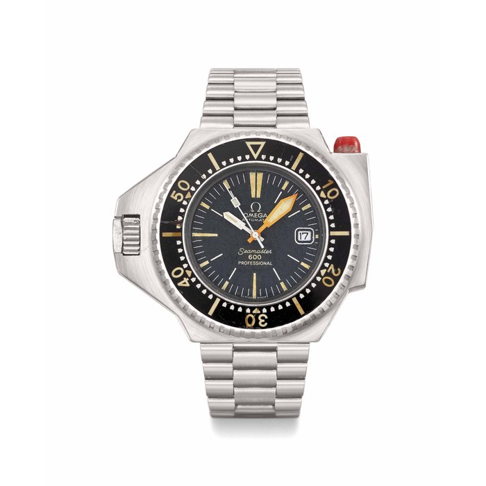 Omega Omega. A very rare prototype stainless steel automatic diver’s wristwatch with sweep centre seconds, date and bracelet Signed Omega, Automatic, Seamaster 600 “Ploprof” Prototype, Ref. ST 166.077, Movement No. 00067649, Circa 1969, Price & Market Data