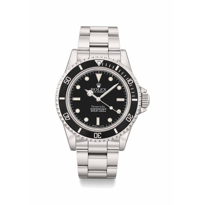 Rolex. A very fine and rare stainless steel automatic wristwatch with sweep centre seconds, bracelet, guarantee and Tiffany & Co. presentation box Signed Rolex, Retailed by Tiffany & Co., Oyster Perpetual, Submariner, 600ft= 200m, Ref. 5513, Case No. L439736, Circa 1989