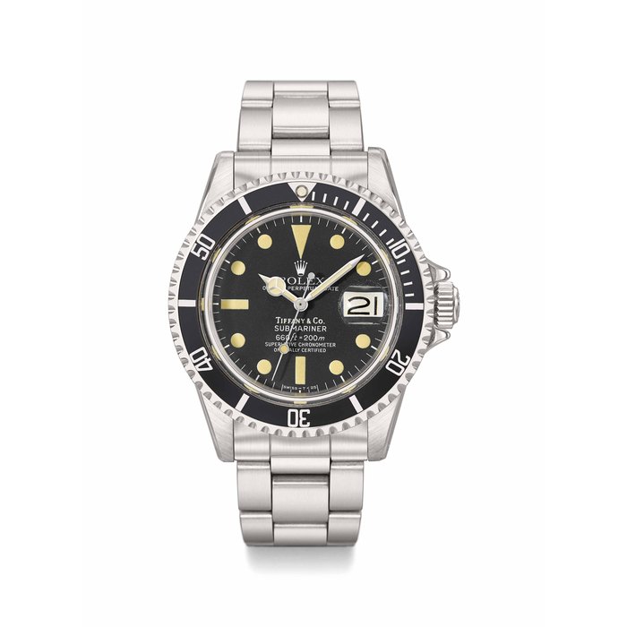 Rolex. A very fine and rare stainless steel automatic wristwatch with sweep centre seconds, date and bracelet Signed Rolex, Retailed by Tiffany & Co., Oyster Perpetual Date, Submariner, 660FT=200M, Superlative Chronometer, Officially Certified, Ref. 1680, Case No. 5’399’160, Circa 1978