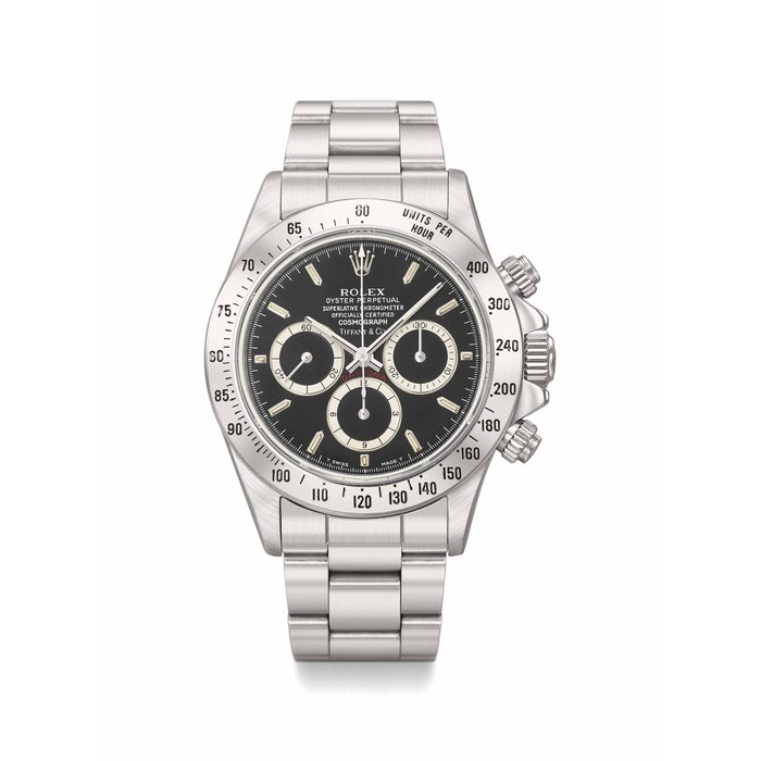 Rolex. A fine and very rare stainless steel automatic chronograph wristwatch with bracelet and Tiffany & Co. presentation box Signed Rolex, Oyster Perpetual, Cosmograph retailed by Tiffany & Co, Ref. 16520, Case No. L687986, 1989