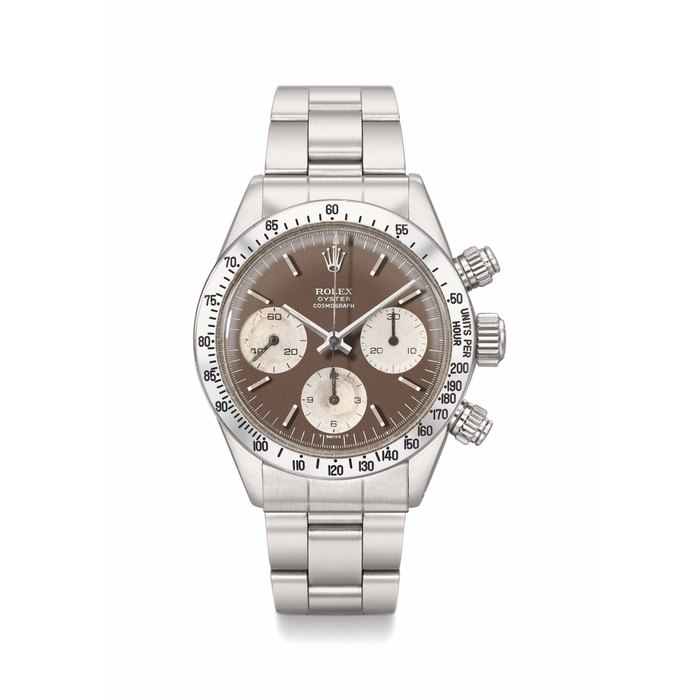 Rolex. A very fine and rare stainless steel chronograph wristwatch with tropical dial and bracelet Signed Rolex, Oyster, Cosmograph, Daytona model, Ref. 6265, Case No. 4’128’447, Circa 1976