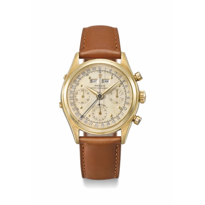 Rolex. A very fine and rare 18K gold triple calendar chronograph wristwatch Signed Rolex, Oyster Chronograph, Anti-Magnetic, Ref. 6036, Case No. 847'156, Circa 1951