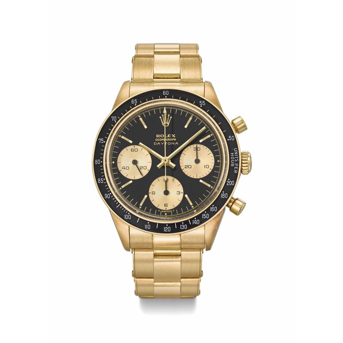 ROLEX. A VERY FINE, RARE AND ATTRACTIVE 18K GOLD CHRONOGRAPH WRISTWATCH WITH BRACELET SIGNED ROLEX, COSMOGRAPH, DAYTONA, REF. 6241, CASE NO. 1’757’857, CIRCA 1968